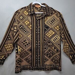 Royal Prestige PD Gold Geometric Long Sleeve Button Up‎ Club Wear Shirt Mens XL